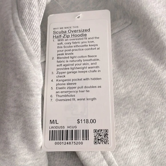 NWT Lululemon Scuba Oversized 1/2 Zip Hoodie Heathered Core Light Grey Size M/L